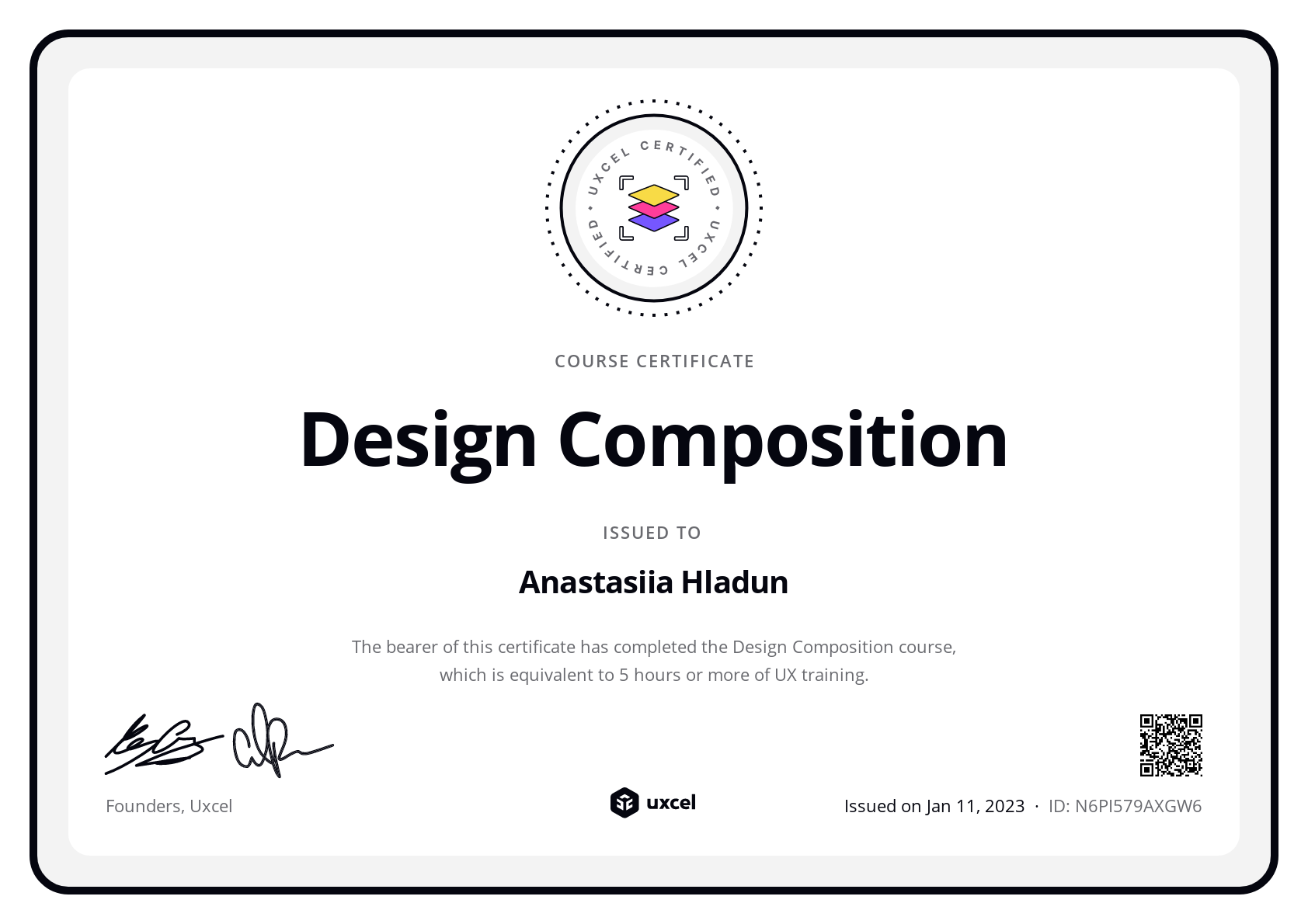 Anastasiia Hladun's certificate